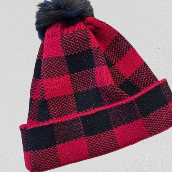 Accessories - Red and Black Plaid Pom Pom Hat